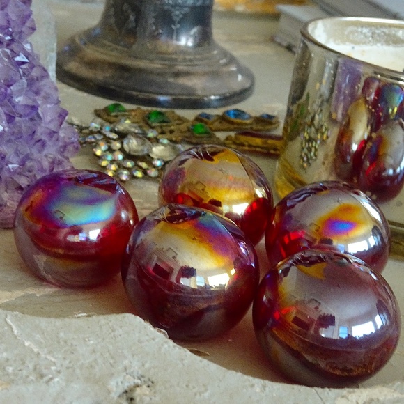 Red Iridescent Oil Spill Handblown Glass Christmas Balls Table Candy Decor - Picture 3 of 9